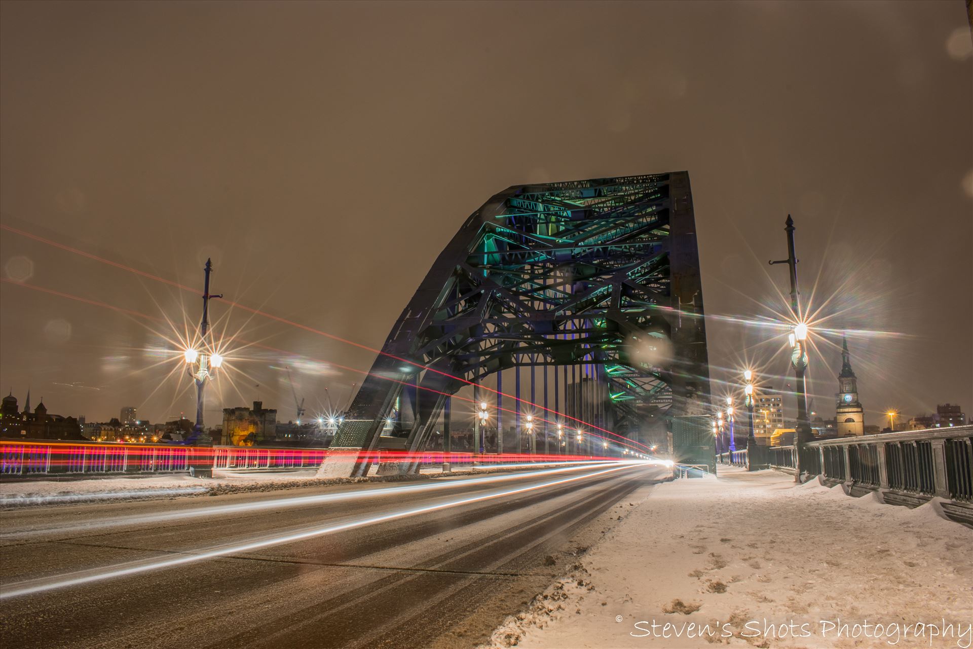 Light trails across a snowy tyne bridge (4).jpg -  by Steven's Shots Photography