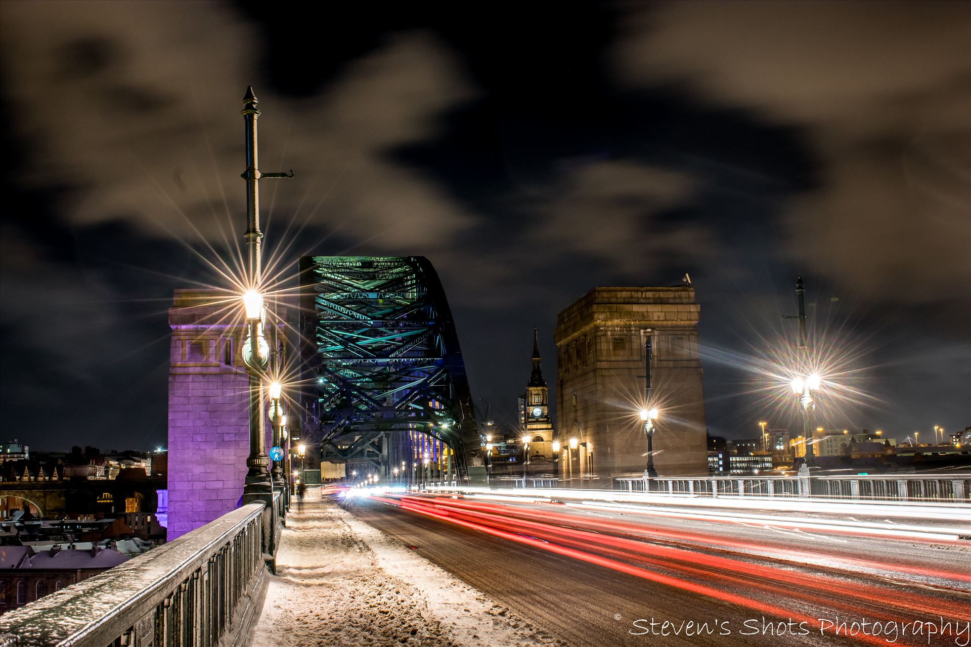 Light trails across a snowy tyne bridge (5).jpg -  by Steven's Shots Photography