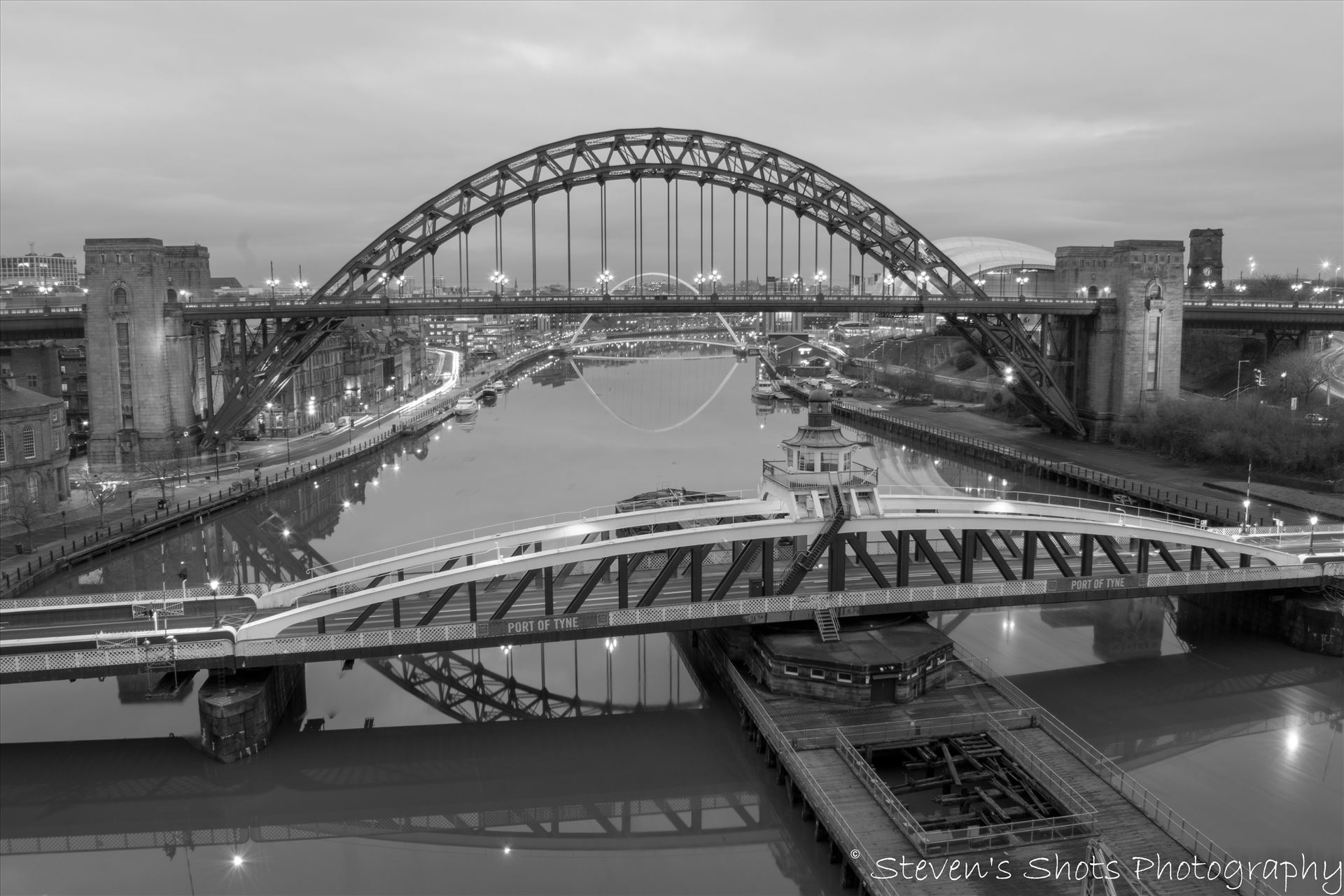 Swing bridge and Tyne bridge in black and white from the high level 6.3 (1).jpg -  by Steven's Shots Photography