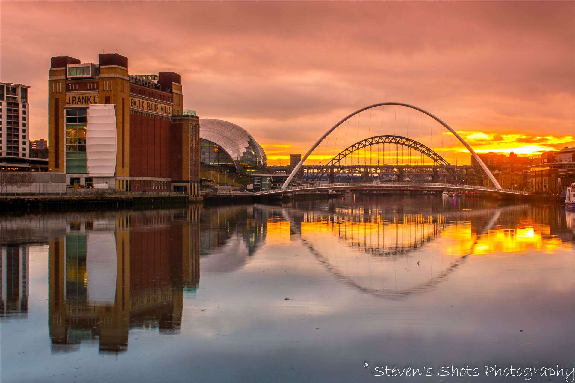 Sunset on the Tyne - A sunset on the River Tyne with the Baltic, Sage, Millennium Bridge and Tyne Bridge, also a good reflection in the water. by Steven's Shots Photography